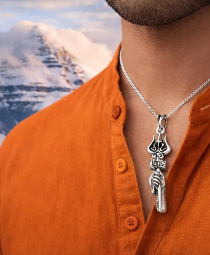 925 Sterling Silver Mahadev Trishul Damru Locket
