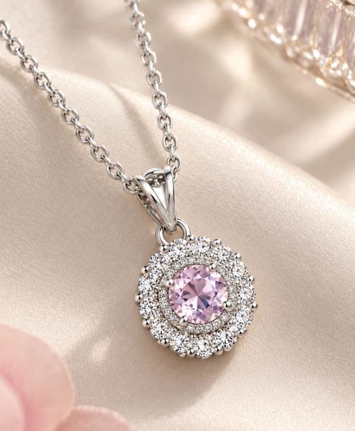 925 Sterling Silver Blush Pink Solitaire Double Halo Pendant